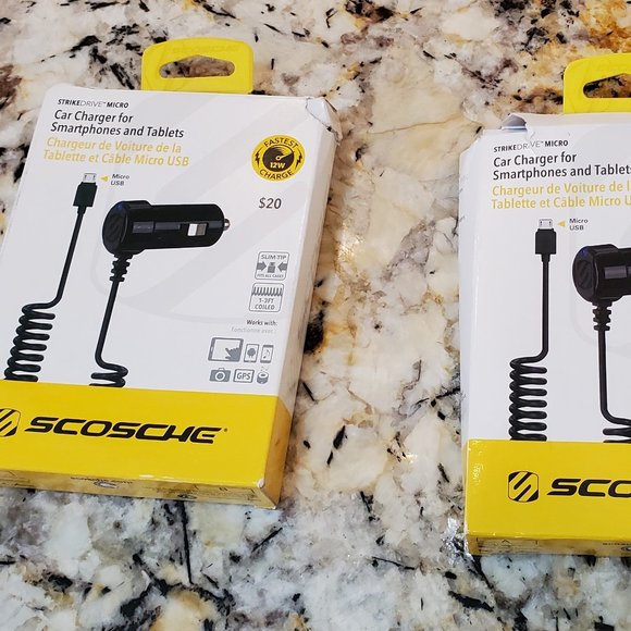 Two (2) Scosche StrikeDrive Micro 12W/2.4A Micro-USB Coiled Car Charger - New - Picture 1 of 8